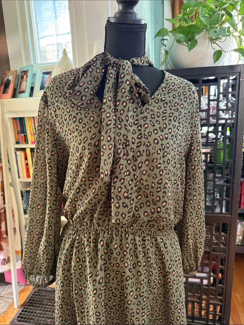 Ann Taylor Factory Tie-Neck Long Sleeve Leopard Print Dress - Olive Green
